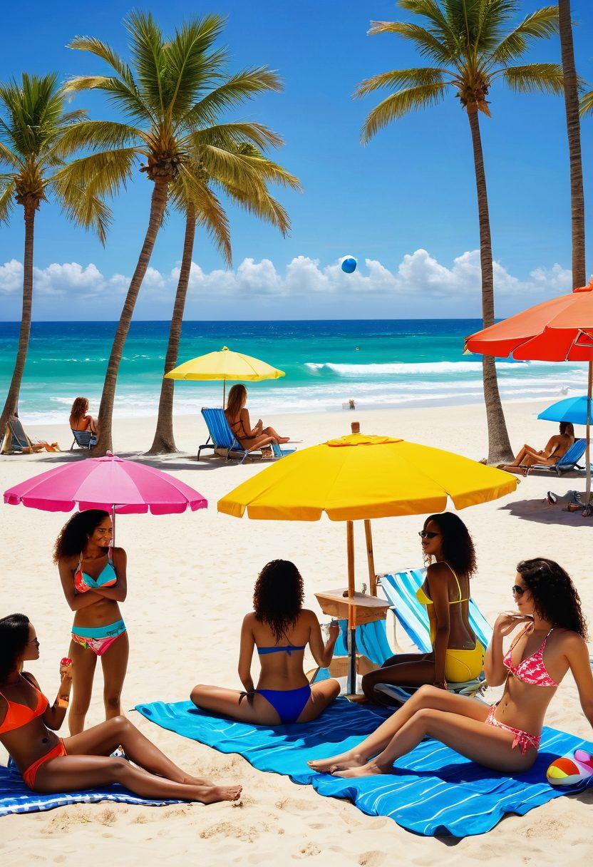 A sunny beach scene showcasing diverse women of various ethnicities wearing trendy bikinis and stylish beachwear. Palm trees sway in the background, beach towels and colorful umbrellas create a lively atmosphere, while the ocean waves gently lap at the shore. Sandcastles and beach balls add a fun touch, enhancing the summer vibe. The scene is bright and inviting, capturing the essence of a perfect summer vacation. vibrant colors. super-realistic.