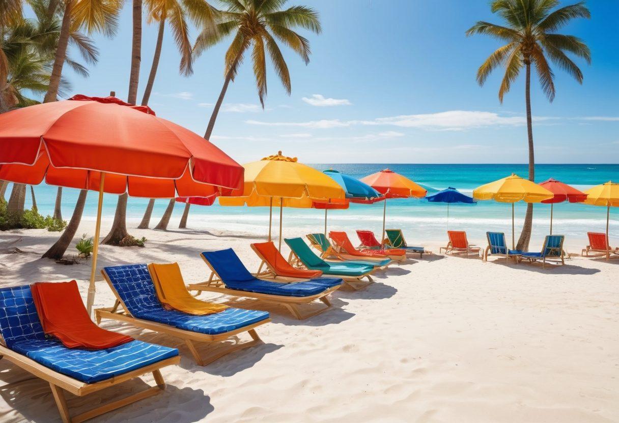 A vibrant beach scene showcasing a variety of stylish beachwear essentials, including colorful swimsuits, trendy beach hats, and fashionable sunglasses. The backdrop features golden sand, sparkling blue waves, and a clear sunny sky filled with beachgoers enjoying the summer. Incorporate tropical elements like palm trees and beach umbrellas to create a lively atmosphere. Ensure the colors are bright and inviting to evoke a sense of summer fun. super-realistic. vibrant colors. white background.